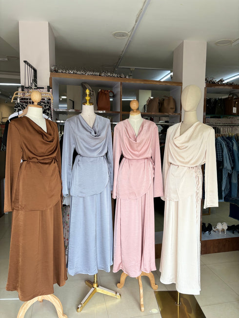 High Quality Elgant Ladies Cowl Neck Waist Tie Tops With Long skirts